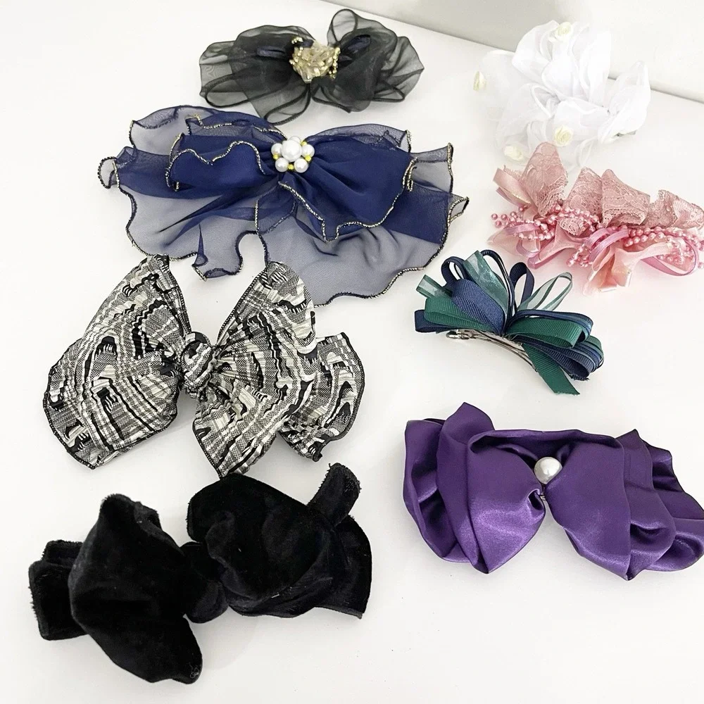 Lot of 8 Vintage Bow Barrettes Chiffon Pearl 80s 90s Victorian Cottagecore Fairy